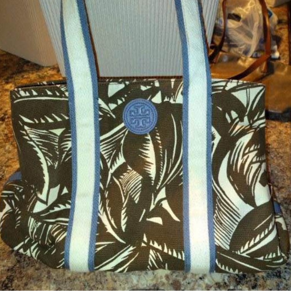 Tory Burch Brown and Cream Leaf Tote with Navy Interior
